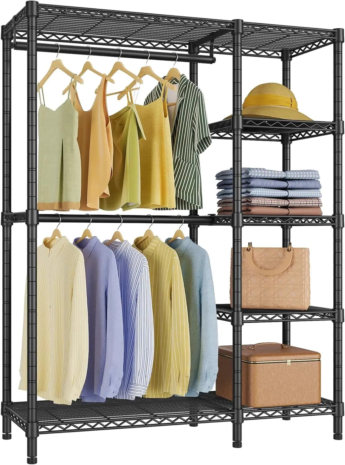 5-Tier Freestanding Metal Garment Organizer with Hanging Rods & Storage Shelves, Heavy-Duty Portable Clothing Rack Holding Up to 670 LBS, Black Freestanding Wardrobe Storage System