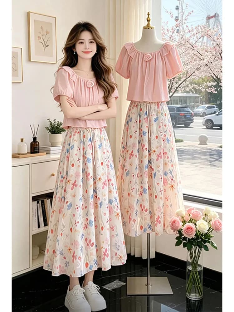 Chic Summer New Women's Light Maturity Style Fashion Two-Piece Set Square Collar Lace Hem Top Half-Skirt Ensemble Casual Wear