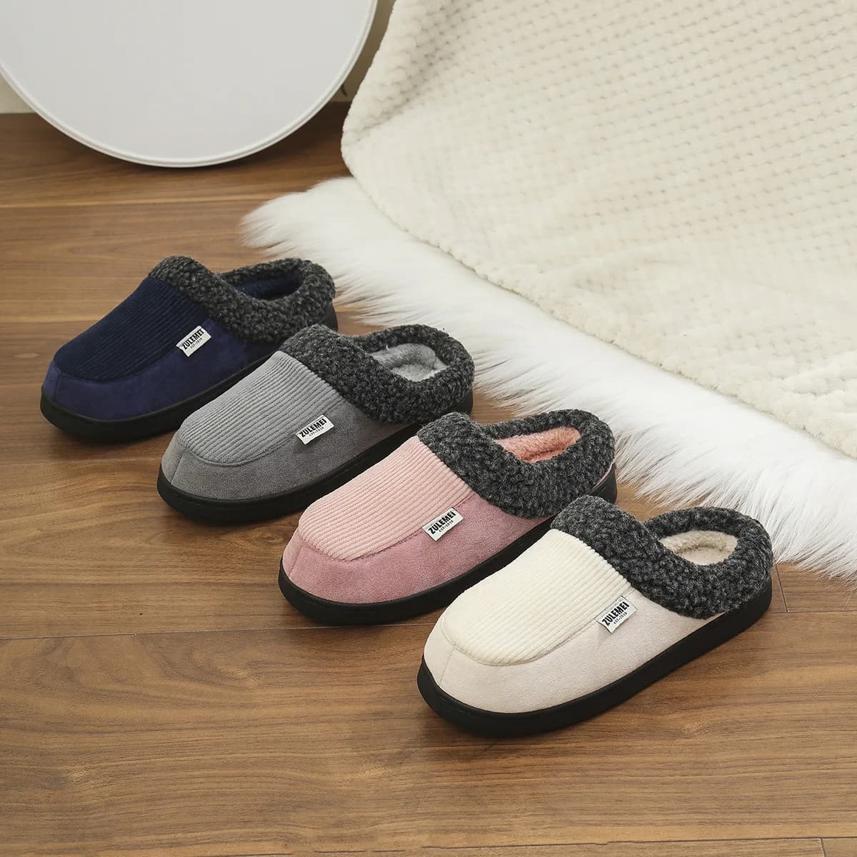 Pantofole in peluche foderate in pile - Scarpe da casa calde antiscivolo per l'inverno, stivaletti sfocati slip-on per coppie