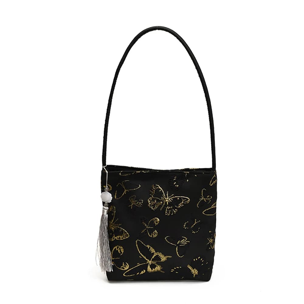 5pcs Shoulder Bags Retro Silk Jacquard Chinese Bamboo Floral Tassel Women Small Hand Bucket Purse With Tassel