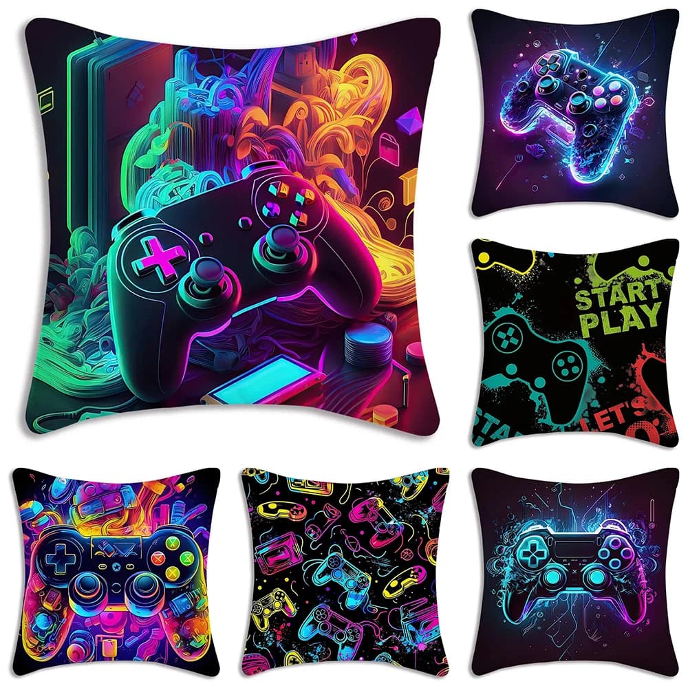 Federa per cuscino in peluche corto con stampa di controller di gioco, decorazione per camera da letto, copricuscino per divano e sedia da sala giochi