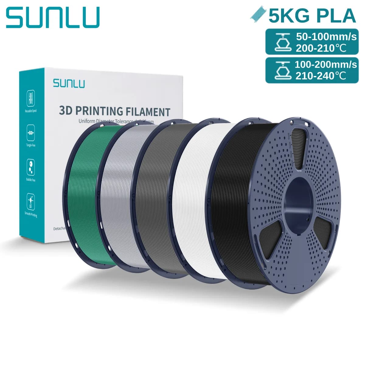 Filament PLA 3D SUNLU 1,75 mm 5 kg Filament 3D plastic PLA multicolored well wrapped with reusable coil for most 3D FDM printers