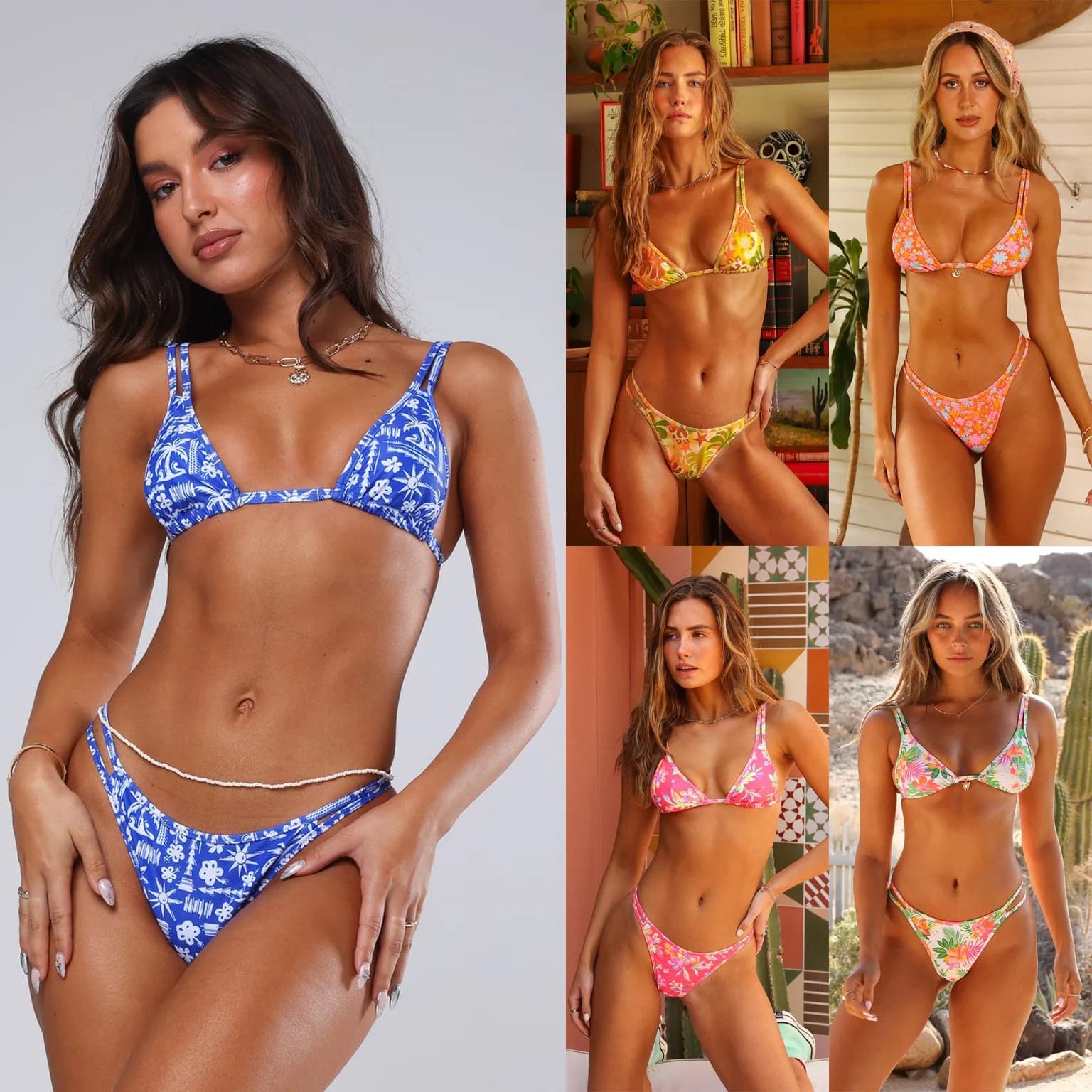 Sexy Bikini Triangle Top Thong Bottom Blue White Bikinis Floral Print Swimsuit Side Tie High Cut Two Piece Summer Swimwear Set