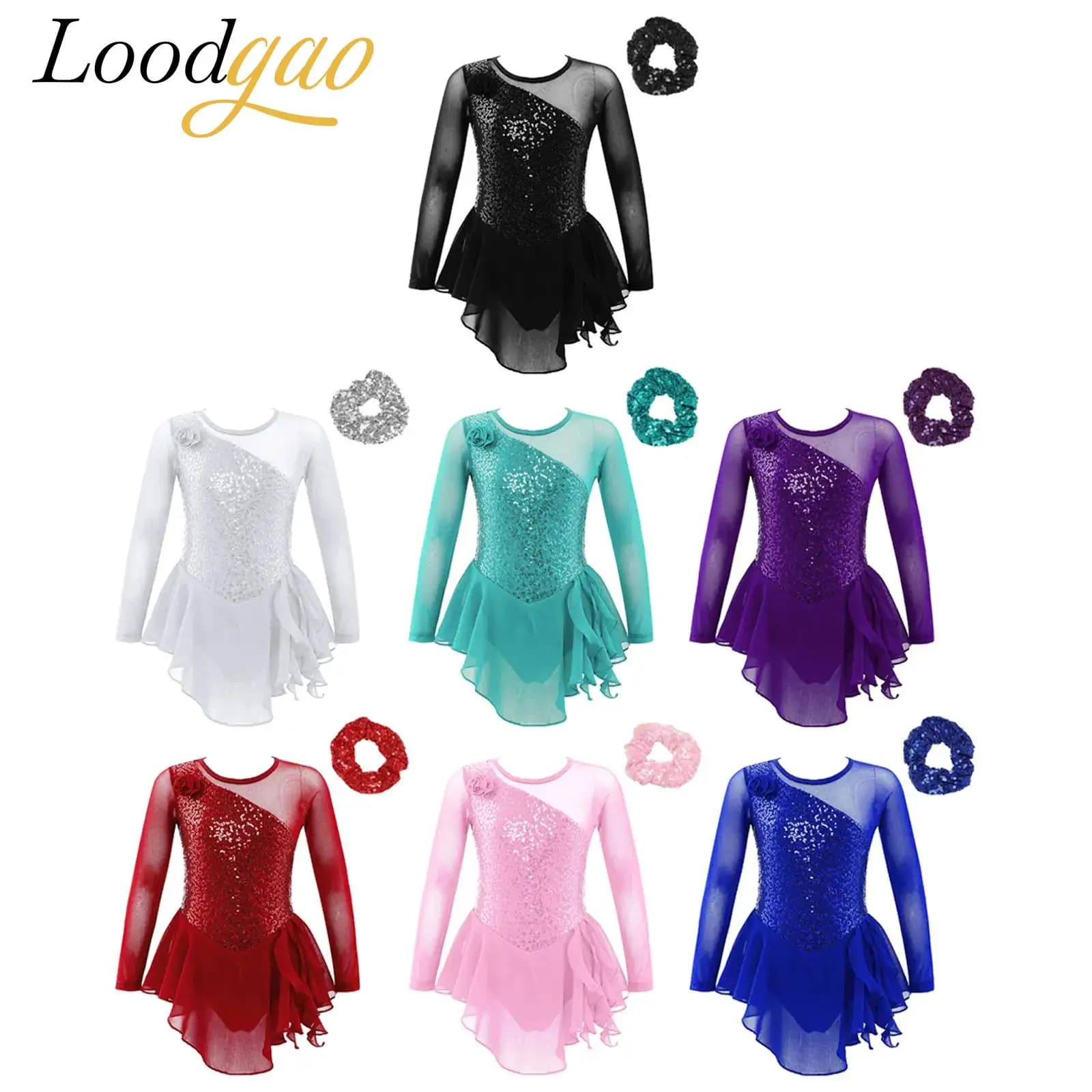 Vestito da balletto con paillettes per bambini, per ragazze, maniche lunghe, body da ginnastica, sala da ballo, performance, costume da ballo, pattinaggio su ghiaccio floreale