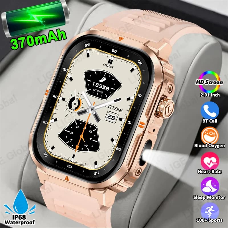 LIGE New Women Watch Smart 370mAh Electric Flashlight 2.01 "HD Respond to the Call Vocal Assistant Sports Health Monitor Smartwatch For Men