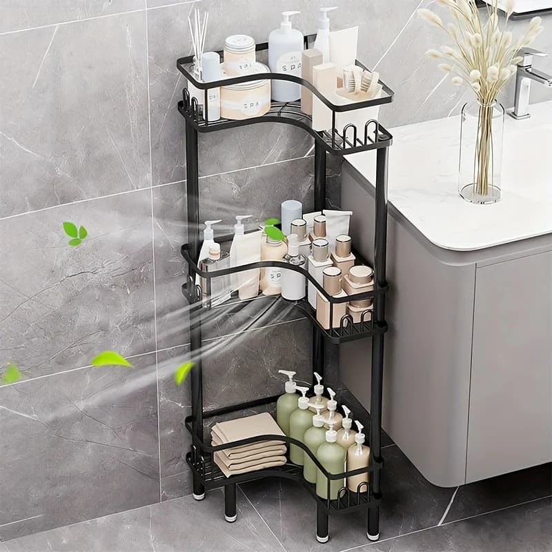 Heavy-Duty No-Assembly Corner Triangular Carbon Steel Storage Rack Bathroom Toiletries Organizer Multi-Tier Floor-Standing Shelf