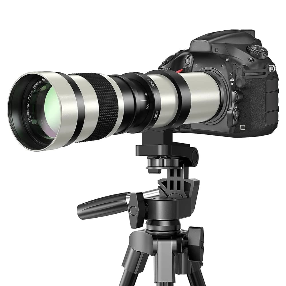 Obiettivo Zoom Teleobiettivo Manuale 420-800mm F8.3 Bianco + Adattatore T-Mount per Fotocamere Canon Nikon Z Sony E Fujifilm X Pentax M43