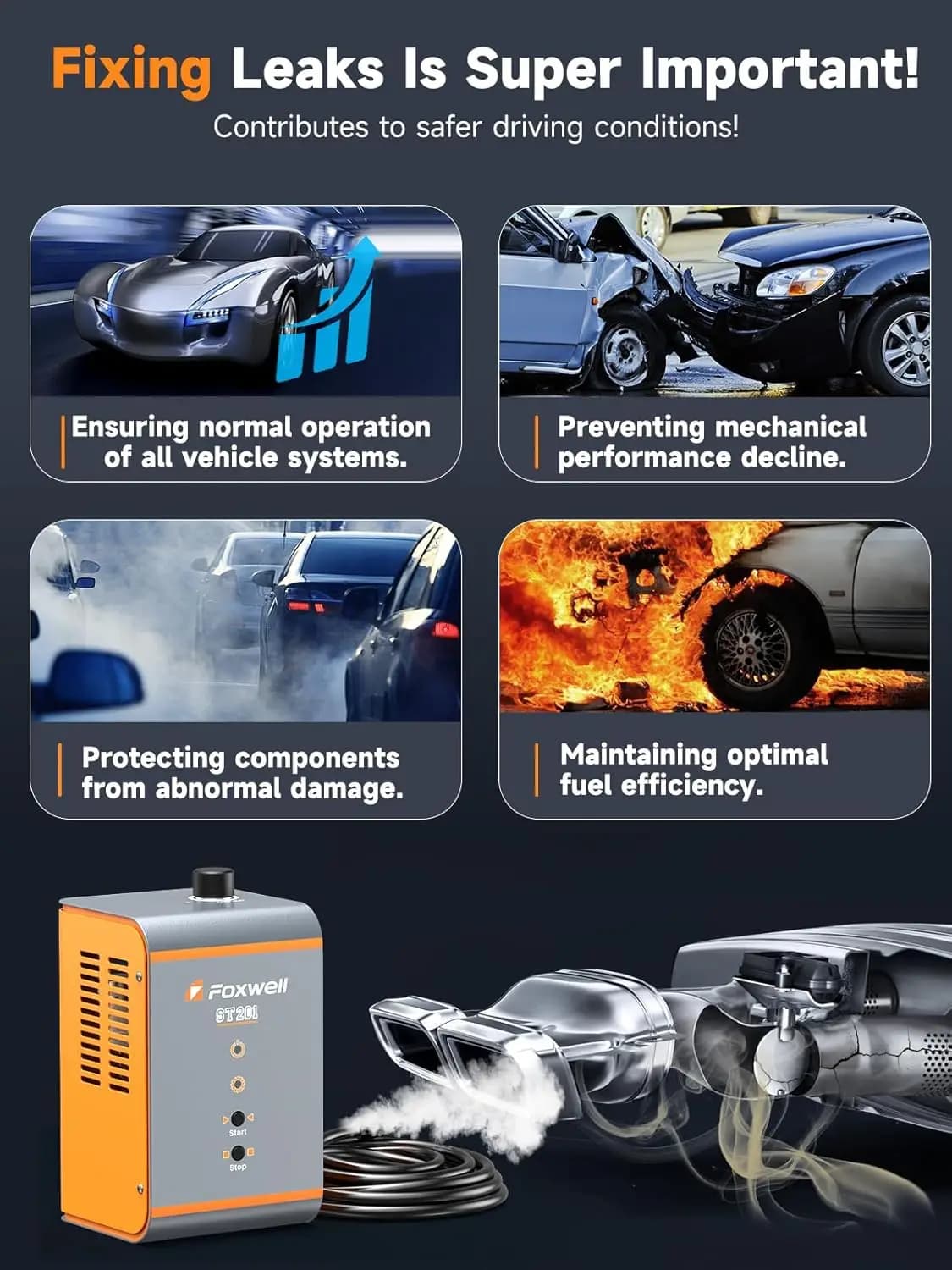 FOXWELL ST201 Car Smoke Leak Detector Machine High Pressure Auto EVAP Vacuum Diagnostic Smoking Leak Detection Built-in Air Pump