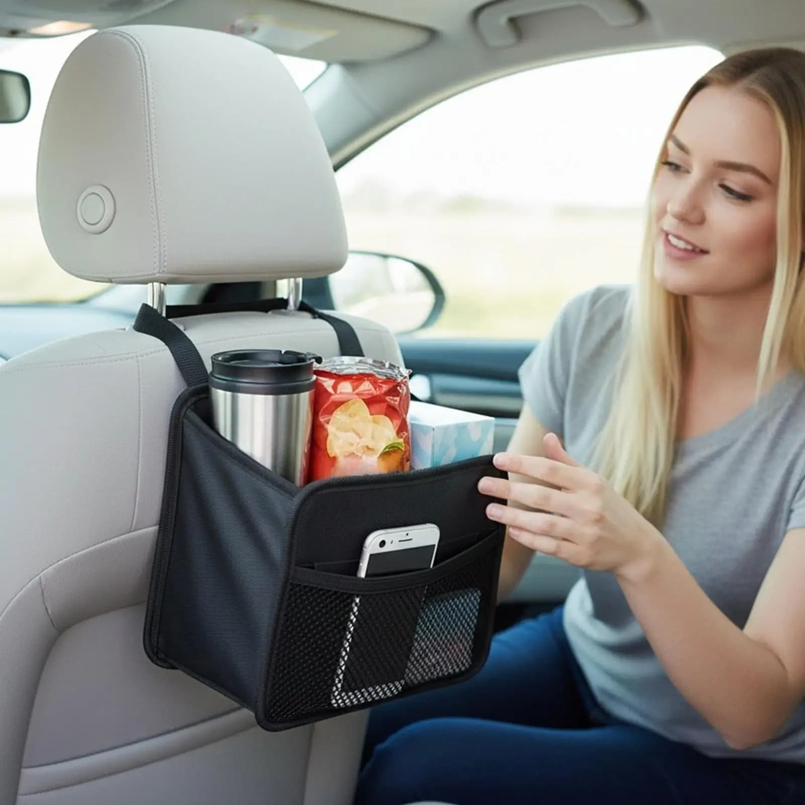 Borsa portaoggetti per schienale seggiolino auto Portabicchieri Appeso poggiatesta Organizzatore Tasca portaoggetti pieghevole per porta fazzoletti per ombrellone del telefono