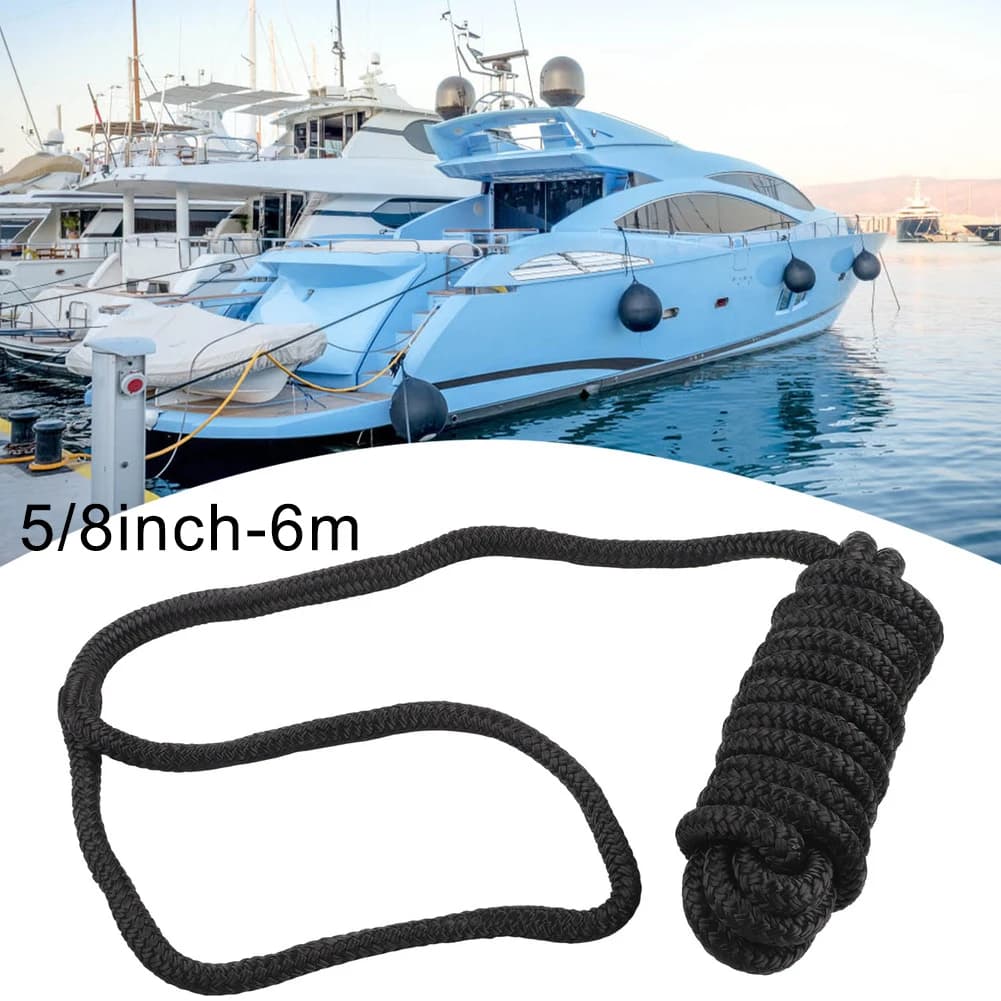 Corda di ormeggio nera in nylon da 5/8 pollici, 6 m, a doppia treccia, con occhiello, resistente all'abrasione e all'acqua salata