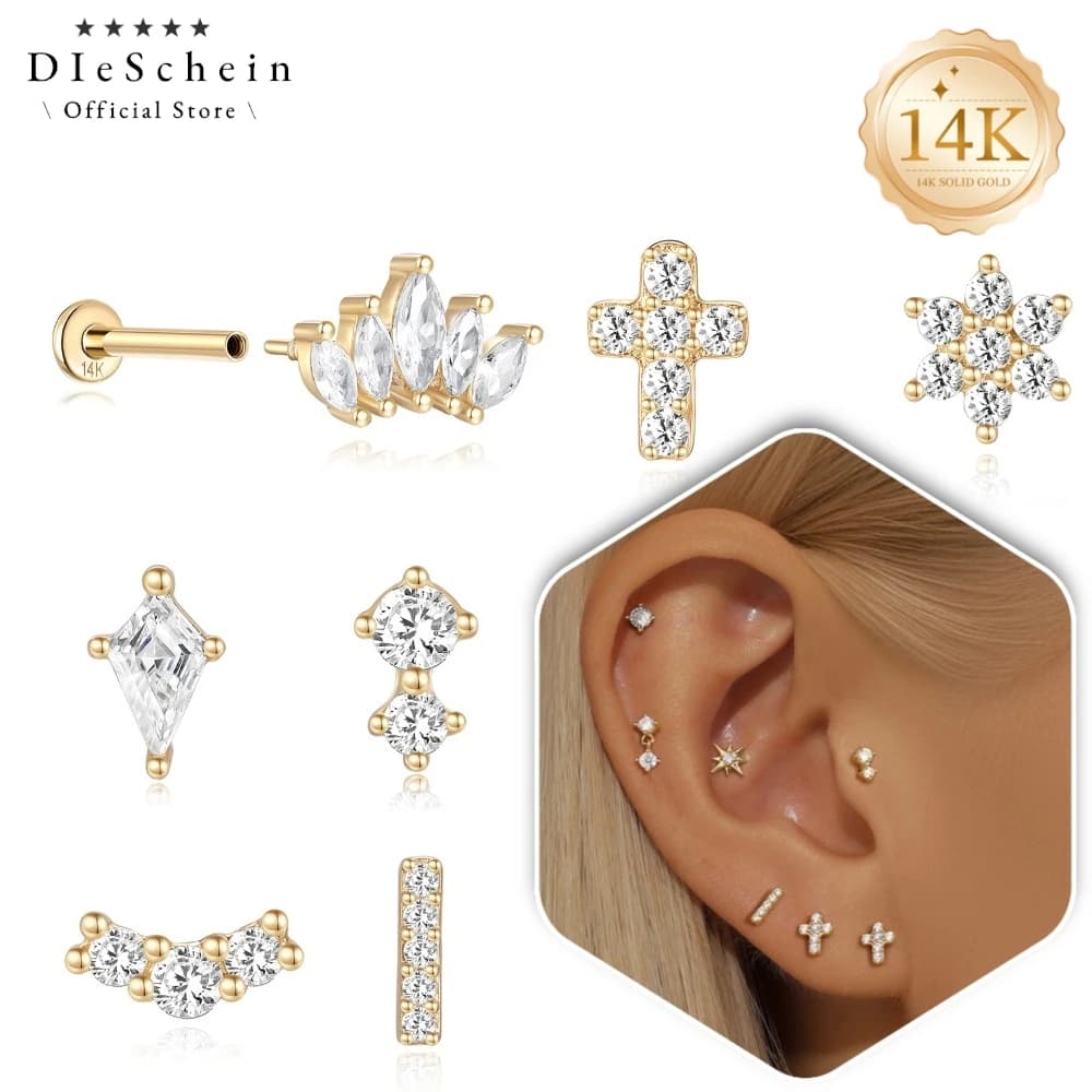 DIeSchein 14K Solid Gold Cartilage Stud Earrings Women CZ Cross Piercing Earring Helix Tragus Lobe Piercing Ear Birthday Gifts