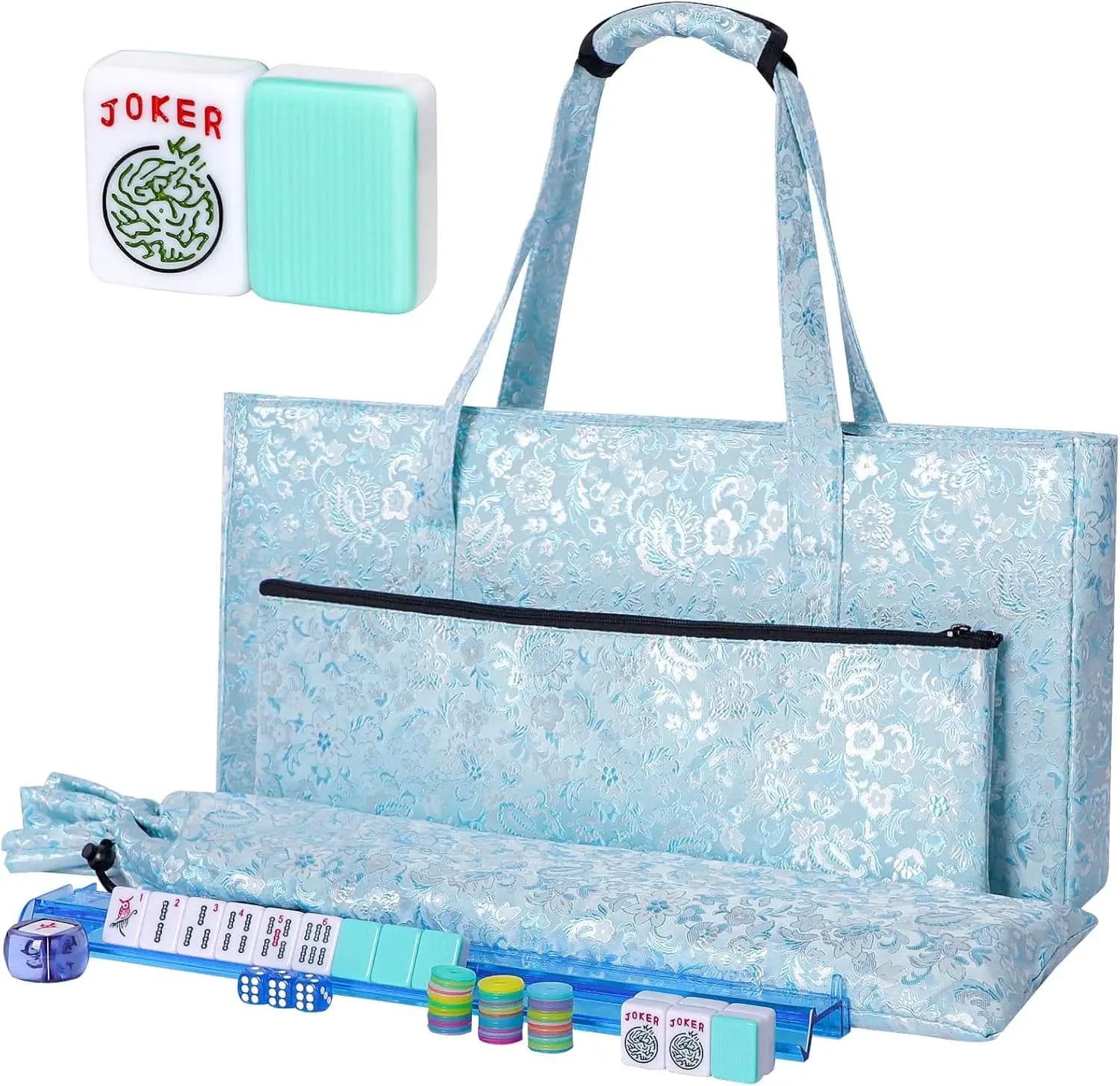 Set Mahjong Americano 166 Tessere Verde Chiaro con Borsa Blu, 4 Supporti e Spingitori, Accessori Completi
