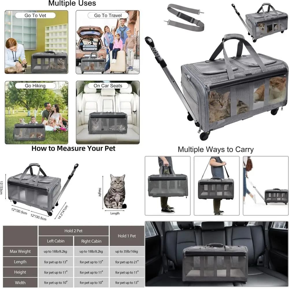 Trasportino per animali con ruote a due piani per due gatti, fino a 35 libbre, ventilato, ideale per viaggi e avventure all'aria aperta