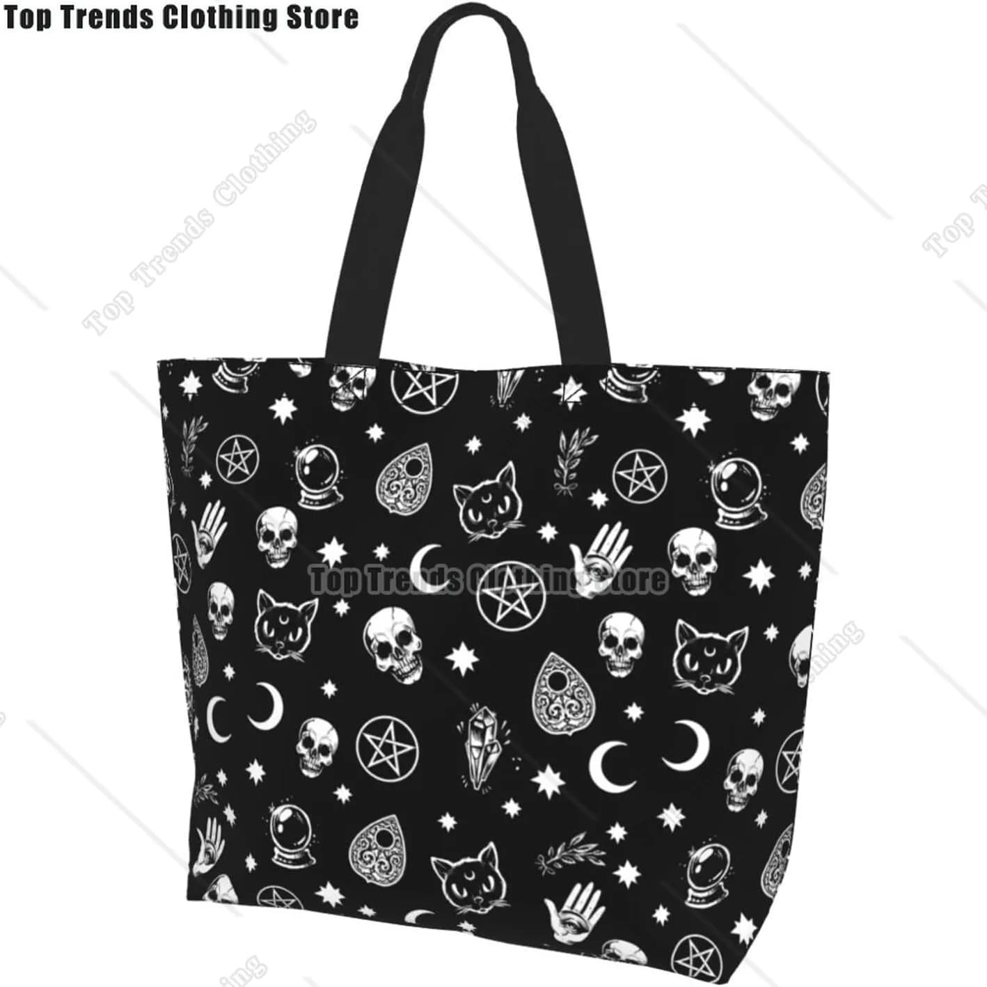Borsa tote grande da donna con teschio di strega nera, borsa a tracolla riutilizzabile impermeabile per viaggi in spiaggia, lavoro e generi alimentari