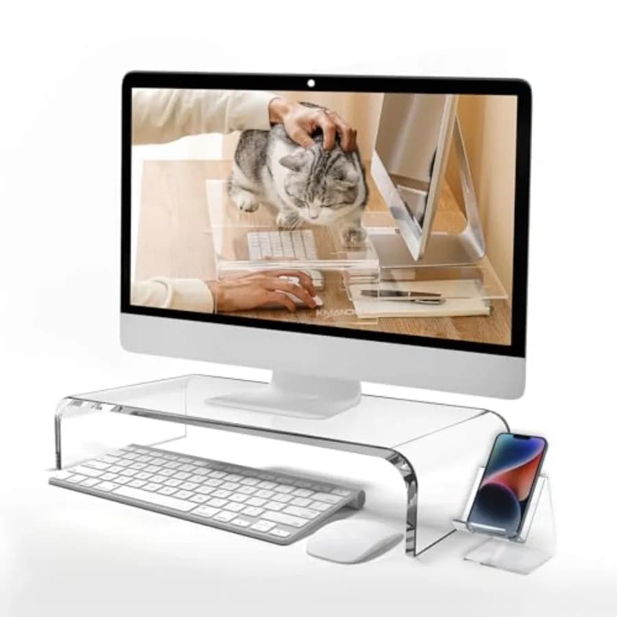 Supporto per Monitor in Acrilico Premium per Ufficio e Casa, Trasparente Extra-Largo 20x10x4 con Supporto Telefono Aggiuntivo, Leggero e Robusto