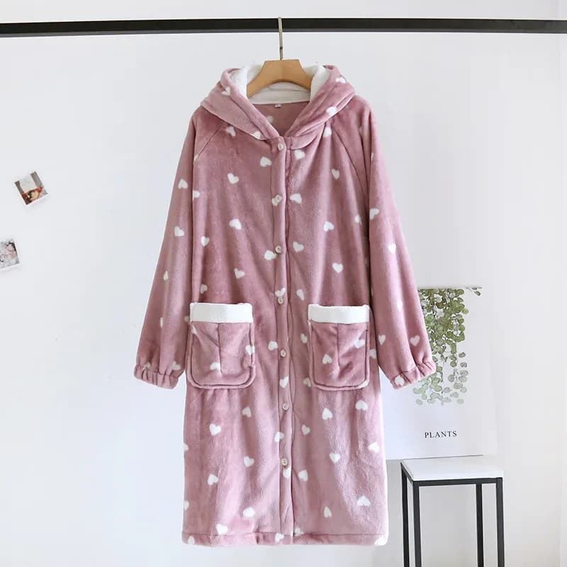Women's Winter Bathrobe Love Print Long Sleeve Long Thick Women's Dresses Single-breasted Flannel For Femael