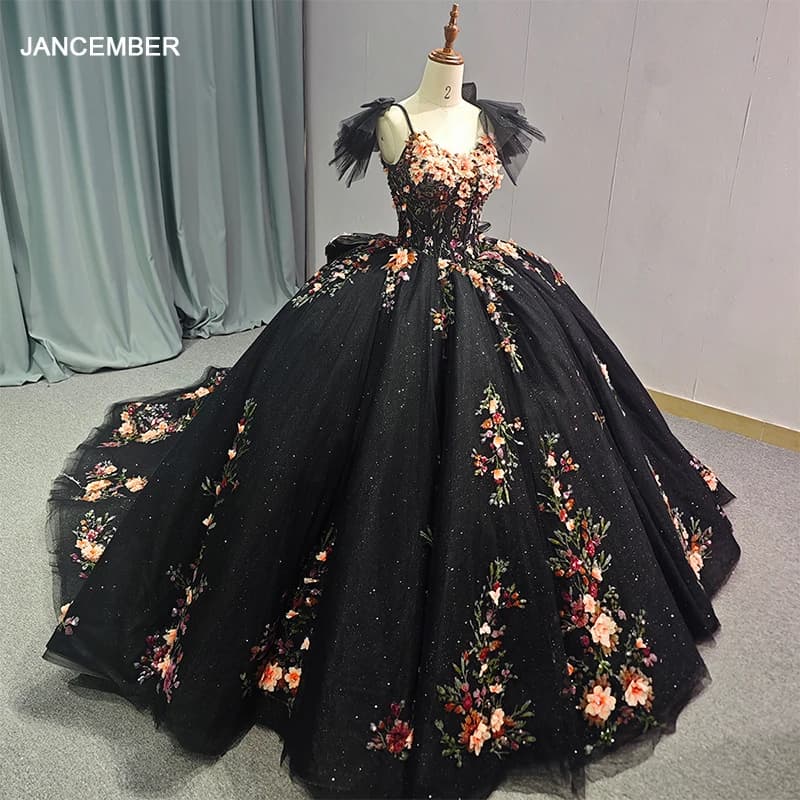 Abito da ballo nero smeraldo 15 anni abiti Quinceanera Appliques Vestidos De Fiesta abito da festa di compleanno con spalline sottili