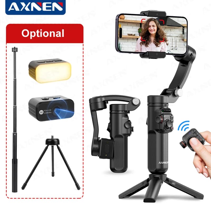 AXNEN M02 3 Axis Foldable Portable Gimbal Phone Stabilizer AI Face Tracking for iPhone Android Smartphone, Detachable remote control