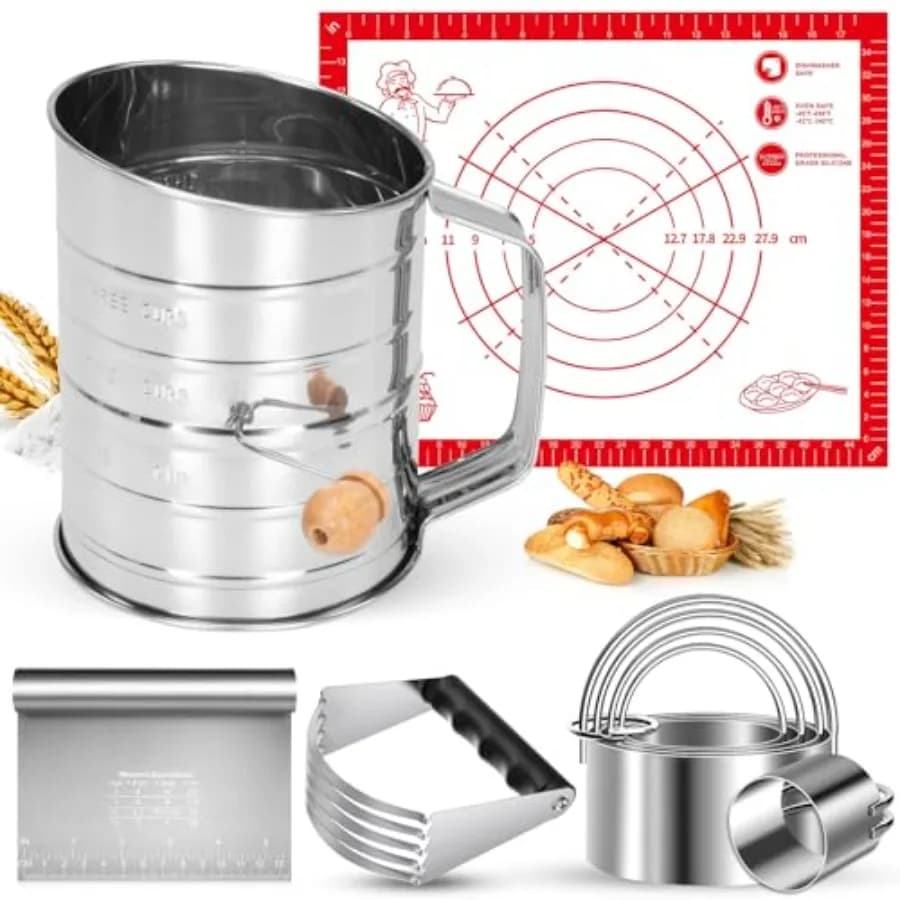 9PCS Stainless Steel Pastry Blender Set, 3 Cup Flour Sifter, Biscuit Cutter, Pastry Cutter, Dough Cutter, Silicone Baking Mats,
