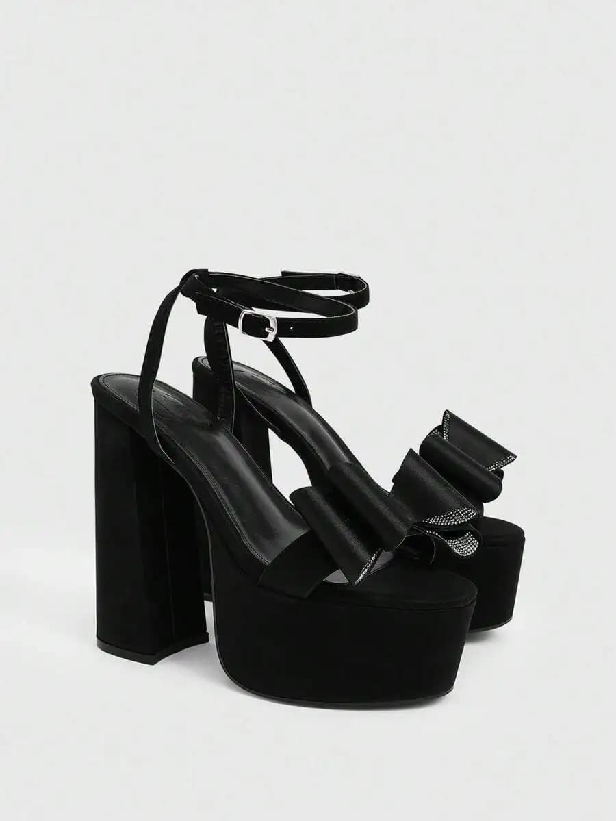 Black Platform Sandals With Big Bow And Ankle Strap High Heel For Women