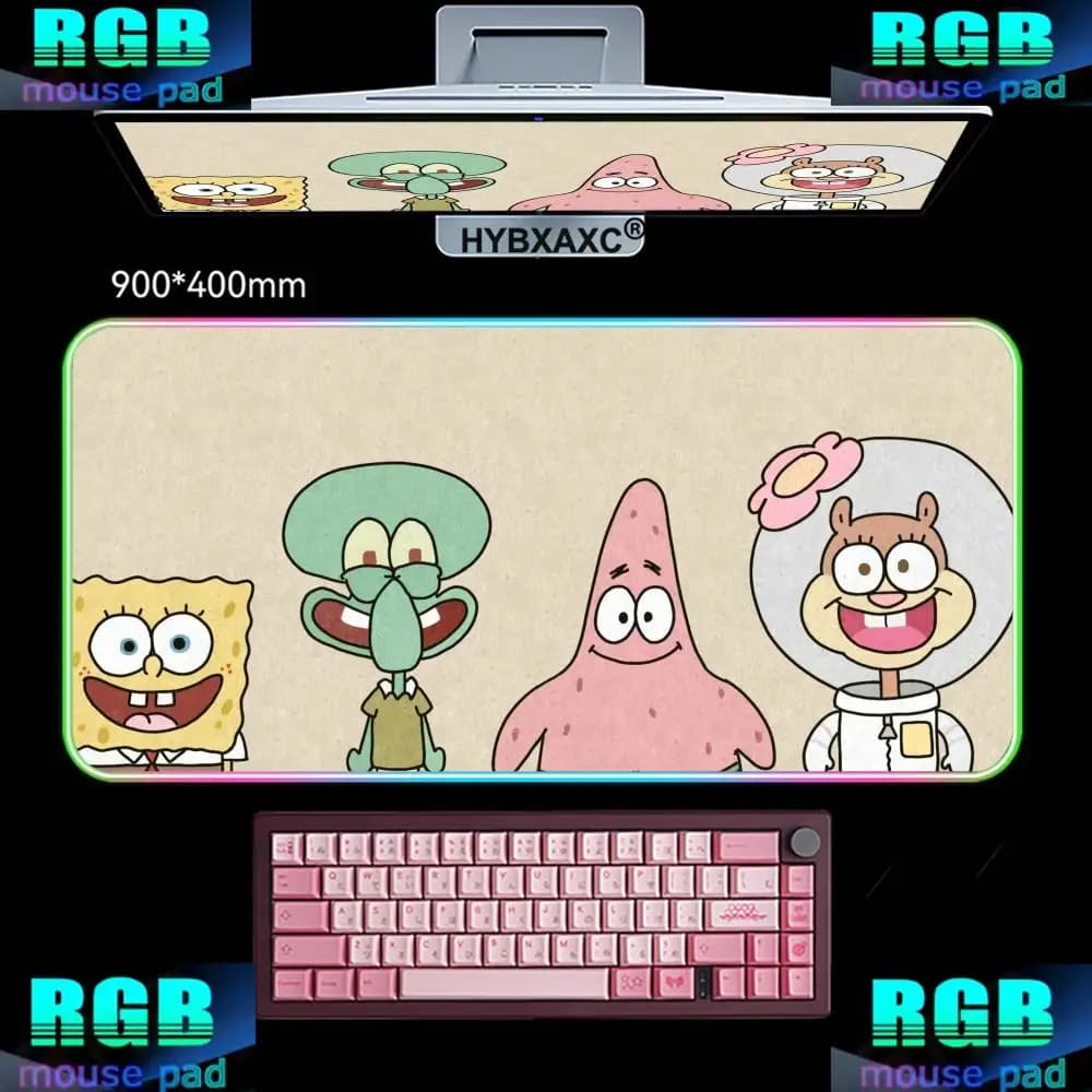 Tappetino per Mouse da Gioco XXL 90X40 HYBXAXC, Grande Tappetino da Scrivania HD con Illuminazione LED, Nuovo Tappetino RGB per Gaming con Simpatico Cartone Animato di SpongeBob SquarePants