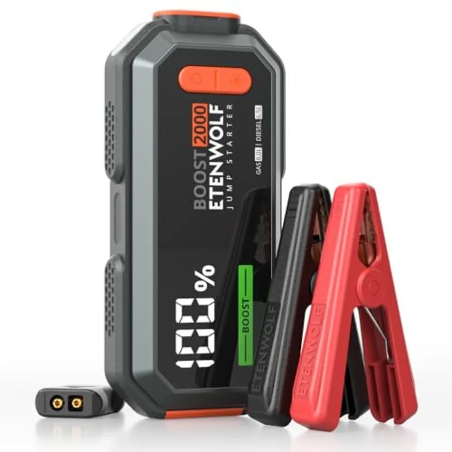 Avviatore di Emergenza Portatile 2000A per Auto 12V, Alloggiamento in ABS Nero, Avvio di Emergenza fino a 8.0L Benzina/6.5L Diesel, Power Bank USB-C