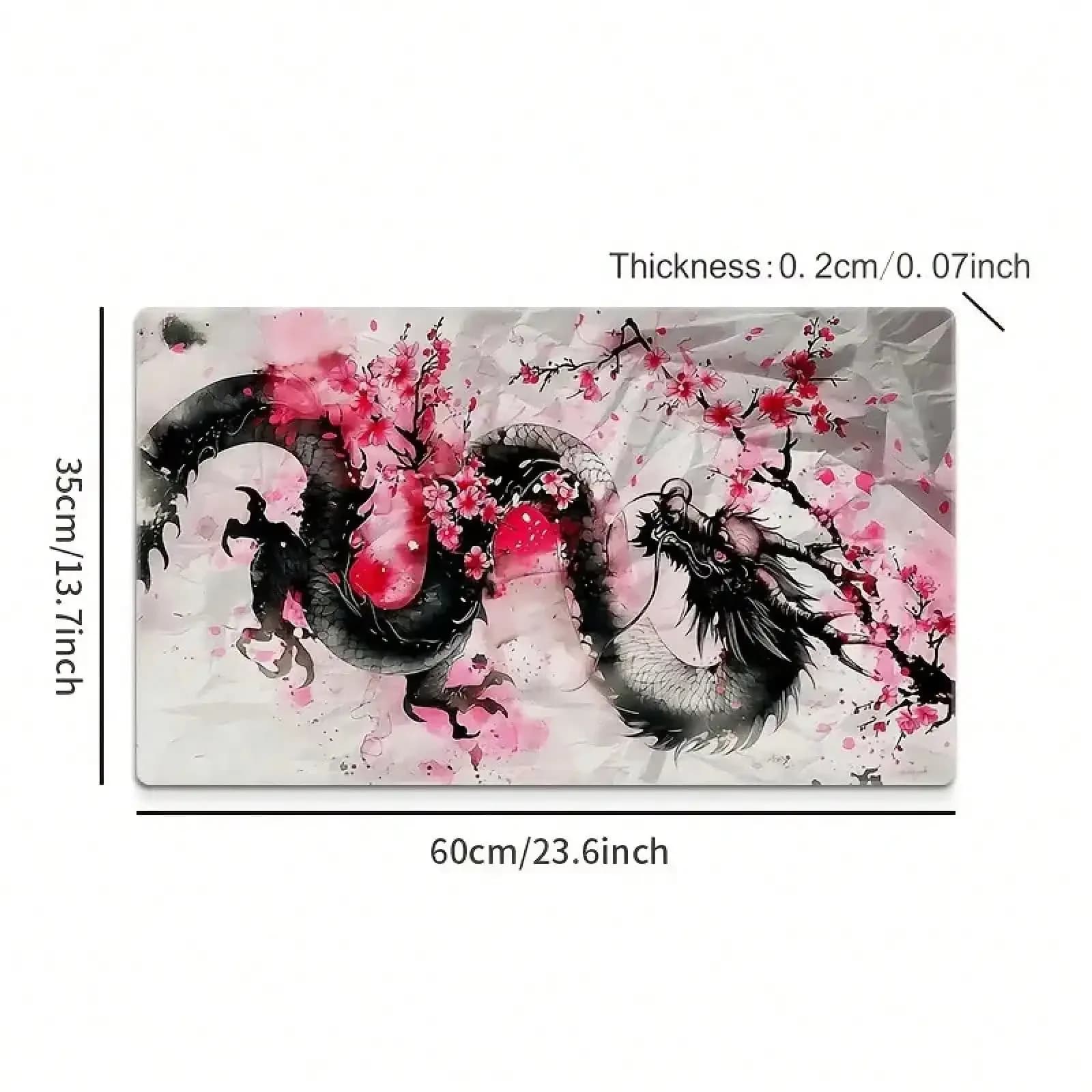 Large Pink Cherry Blossom & Dragon Mouse Pad - Non-Slip Rubber Base Desk With Design, Pink/Black/White Gaming & Office Computer Accessory For PC, Laptop, Wrist (59.94x34.8cm / 23.5x13.6in)