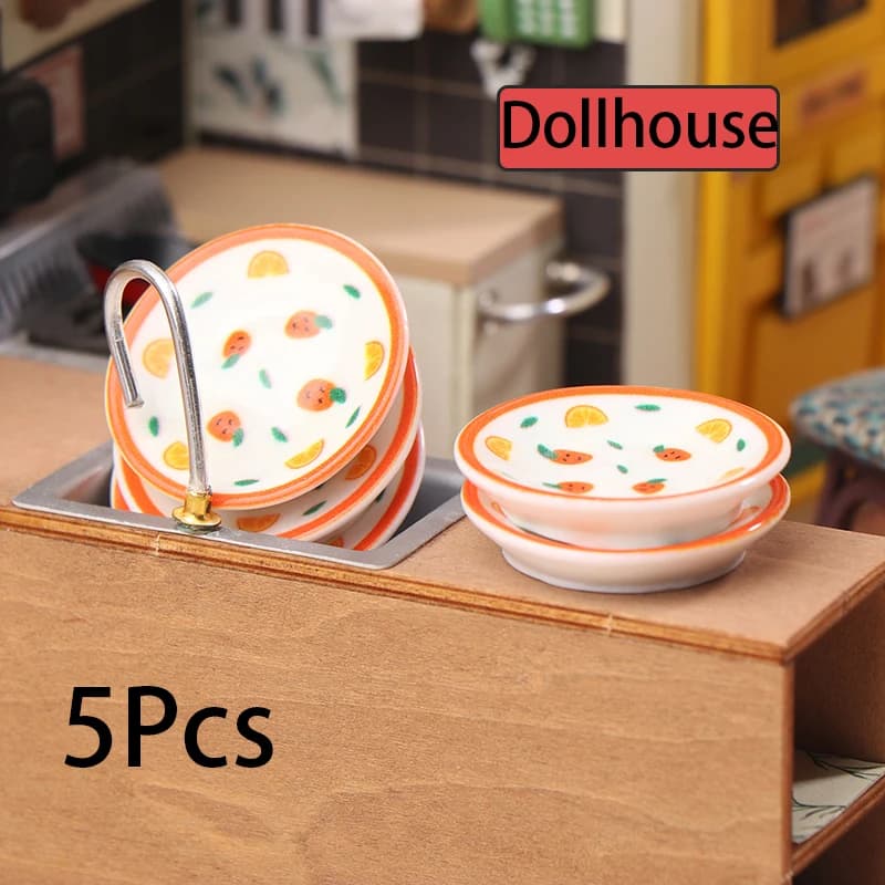 5Pcs 1/12 Dollhouse Mini Plates Dishes Model Dollhouse Simulation Kitchen Decoration Dolls House Accessories Pretend Play Toys