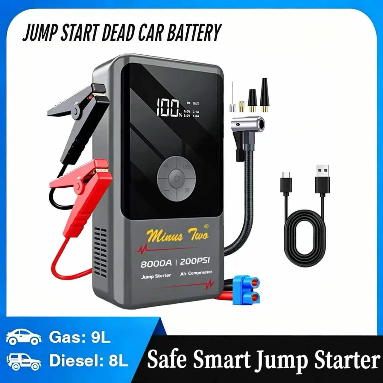 Heavy Duty 4IN1 Car Jump Starter 150PSI Tire Inflator Multifunctional Emergency Vehicle Power Booster