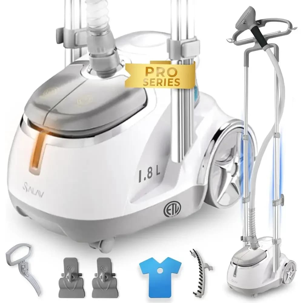 Vaporizzatore per indumenti professionale – Vaporizzatore per vestiti resistente da 1500 W con cavo retrattile, controllo a pedale, ruote girevoli, S