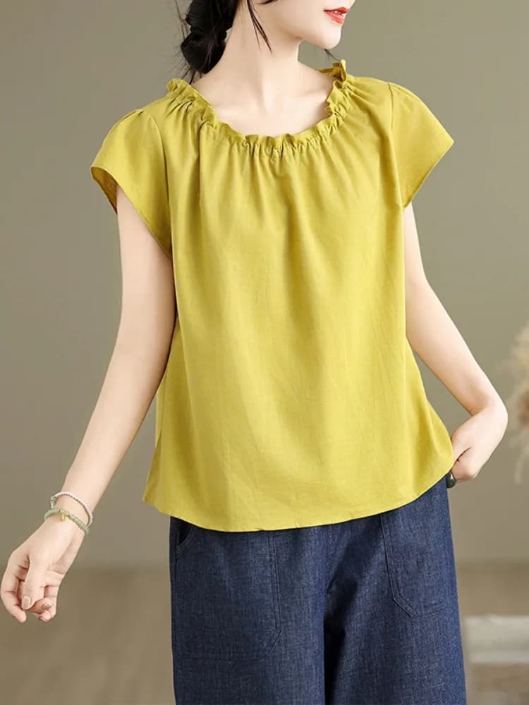 Cotton Linen Short Sleeve T-Shirt Women's Summer round Neck Shirt Simple Large Size Fashionable Small Shirt Original Design L...