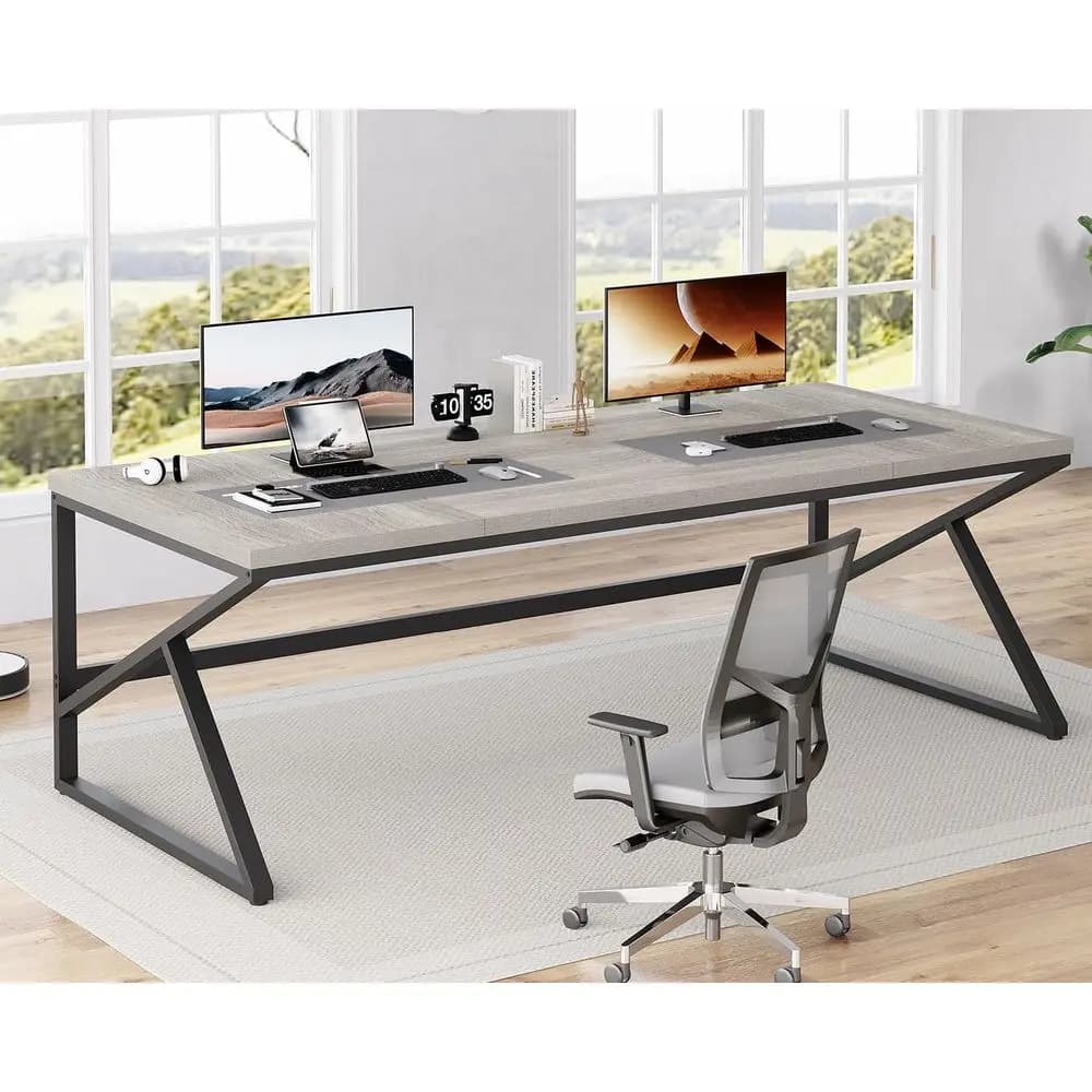 Scrivania Extra Large Grigia 78 in Legno e Metallo per 2 Persone, per Ufficio Domestico, Studio, Gaming