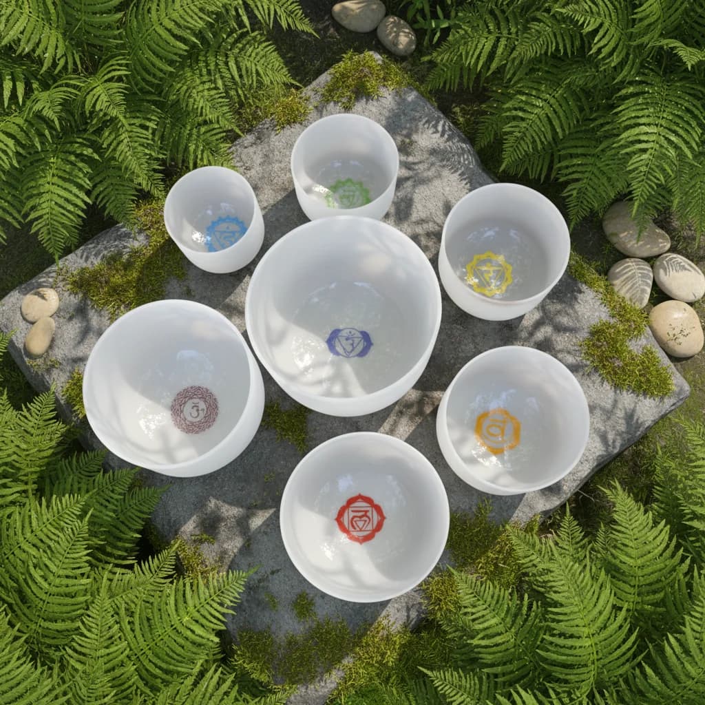 7 Chakra Symbols Crystal Singing Bowl Set Frosted Quartz with Accessories for Professional Sound Healers & Studios
