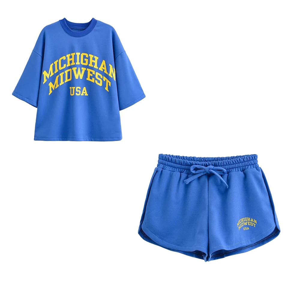 KONDALA Sporty Blue Print Letter Woman Suits Short Sleeve O-Neck T-Shirts+Drawstring Shorts Streetwear Fashion 2025 Casual Sets