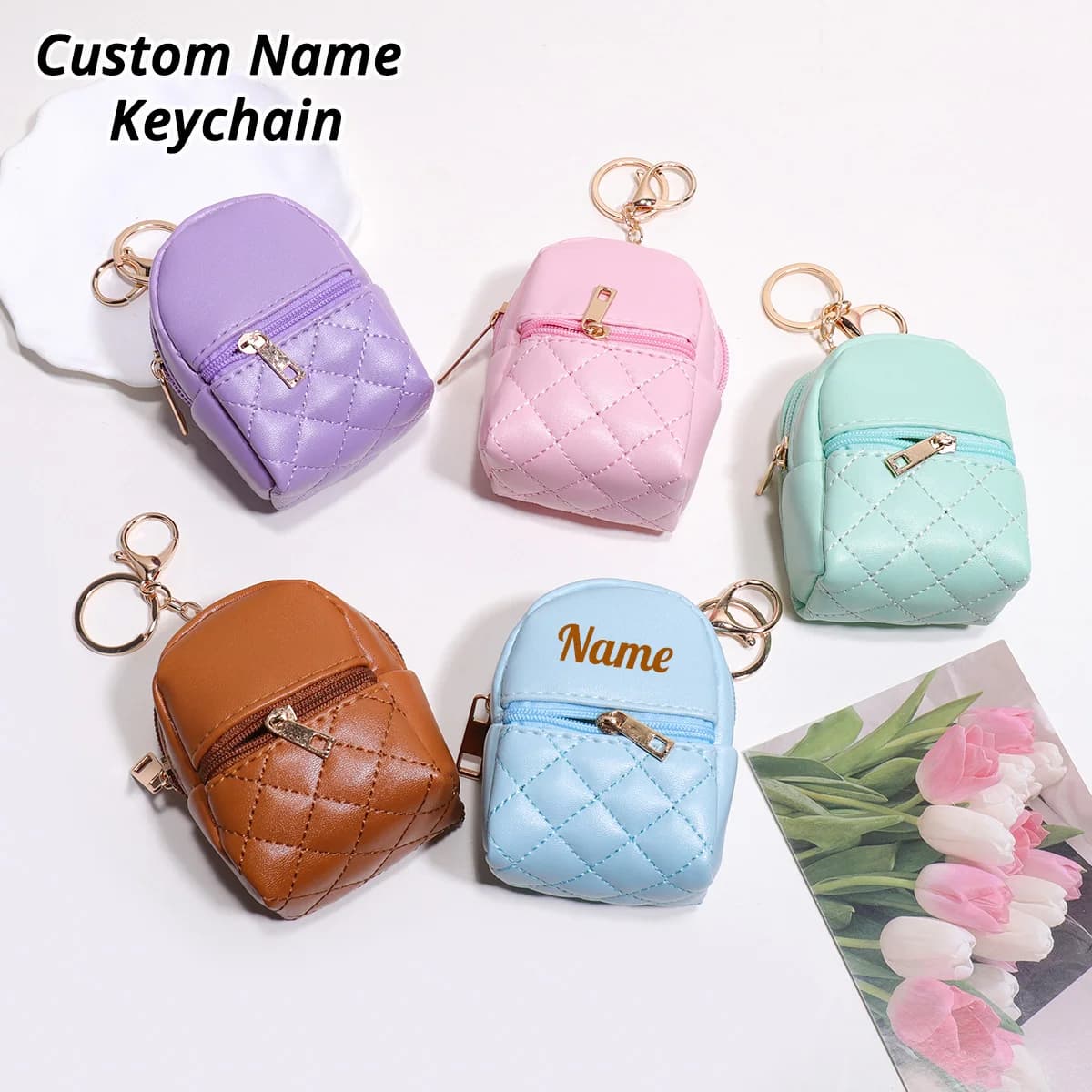 Mini Personalized Keychain with Name, coin purse, Personalized Storage Bag, Laser Engraving, PU Leather Gift, Keychain with Custom Name