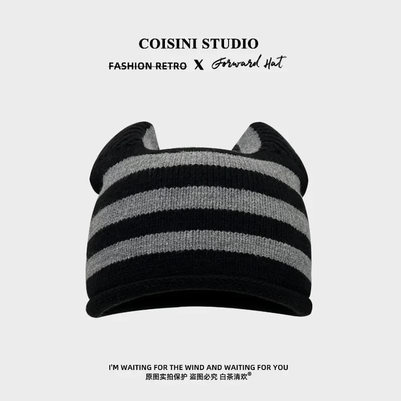 American Fashion Contrast Stripes Cute Cat Ears Beanies Y2K Spring and Autumn Travel Casual Warm Versatile Pullover Hats