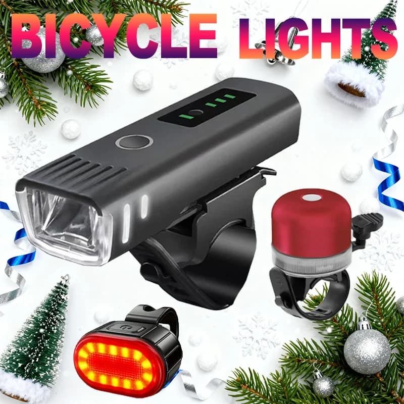 Set di luci per bici di Natale, faro a LED ricaricabile tramite USB, fanale posteriore, ciclismo impermeabile, lampada anteriore posteriore, torcia notturna
