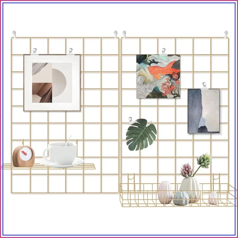 Grid Wire Board, Memo Picture Panel Wall Decoration for Room Office, Mat Photo Hanging Art Display Frames Desk Storage Organizer, 17.3" x 11.8" (2-Pack) Gold