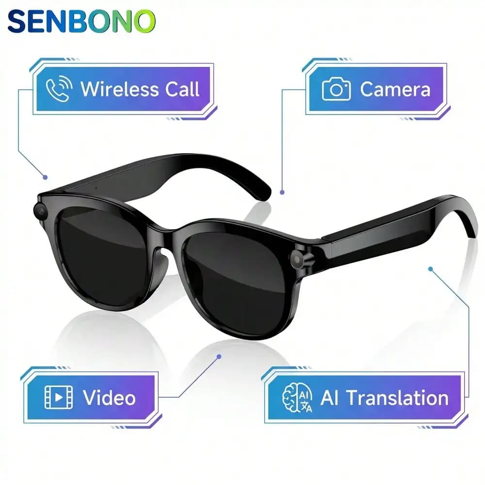 SENBONO Nuovi Occhiali Smart con Fotocamera AI da 2MP, Riconoscimento/Vocalizzazione AI, Traduzione, Chiamate Wireless e Controllo Musica
