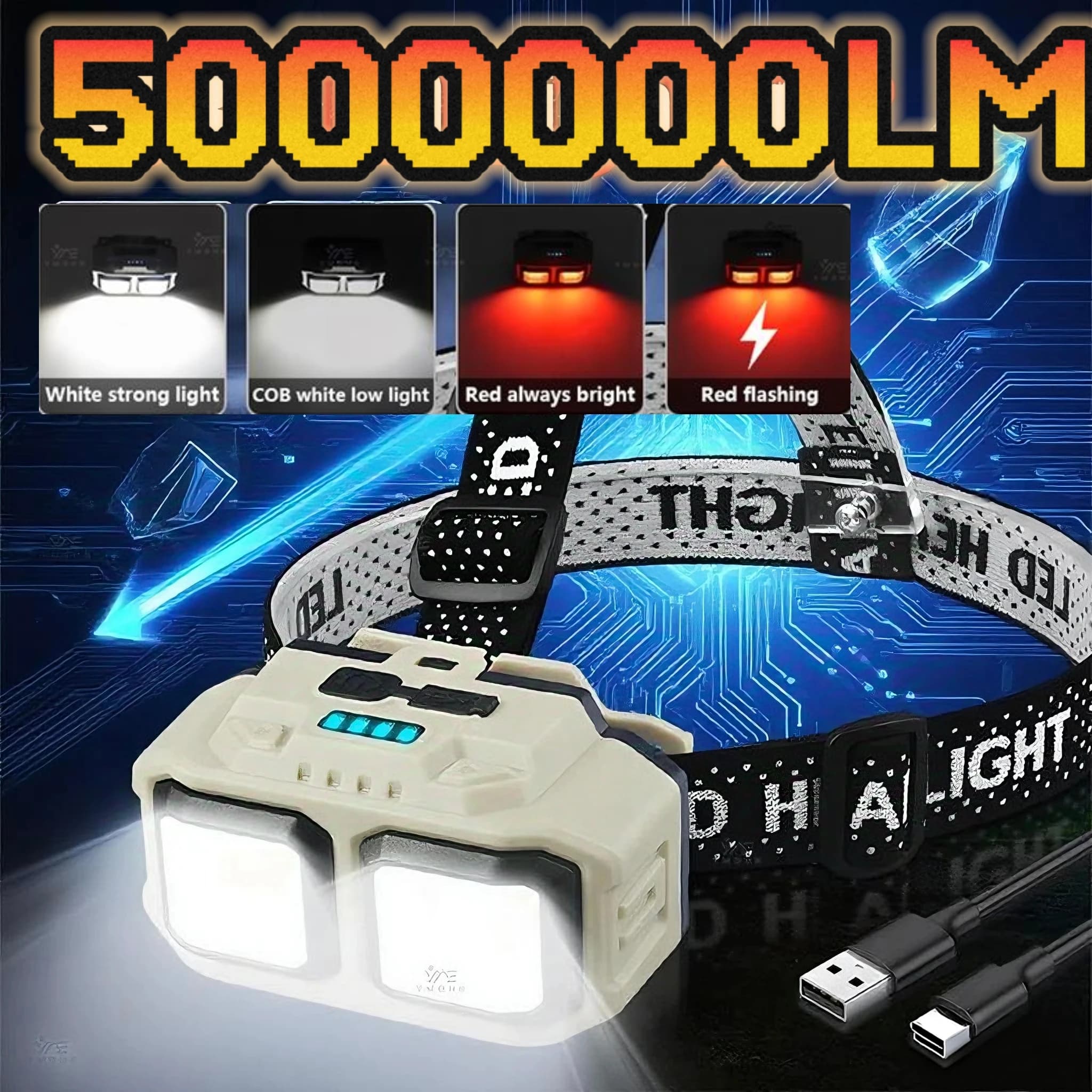 Powerful LED Outdoor Lamp IPX4 Waterproof Front Emergency Flashlight 500000LM Front Torch 1200mAh Fishing Camping Hiking Light