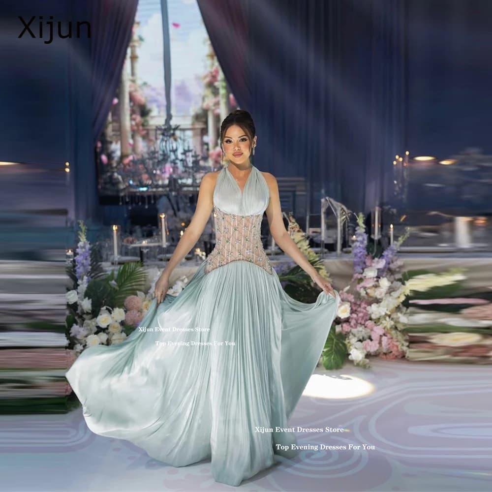 Xijun Gorgeous Mint Green Evening Dresses Halter Beads Sleeveless Prom Dresses A-Line Pleated Luxury Dubai Prom Gowns Customized
