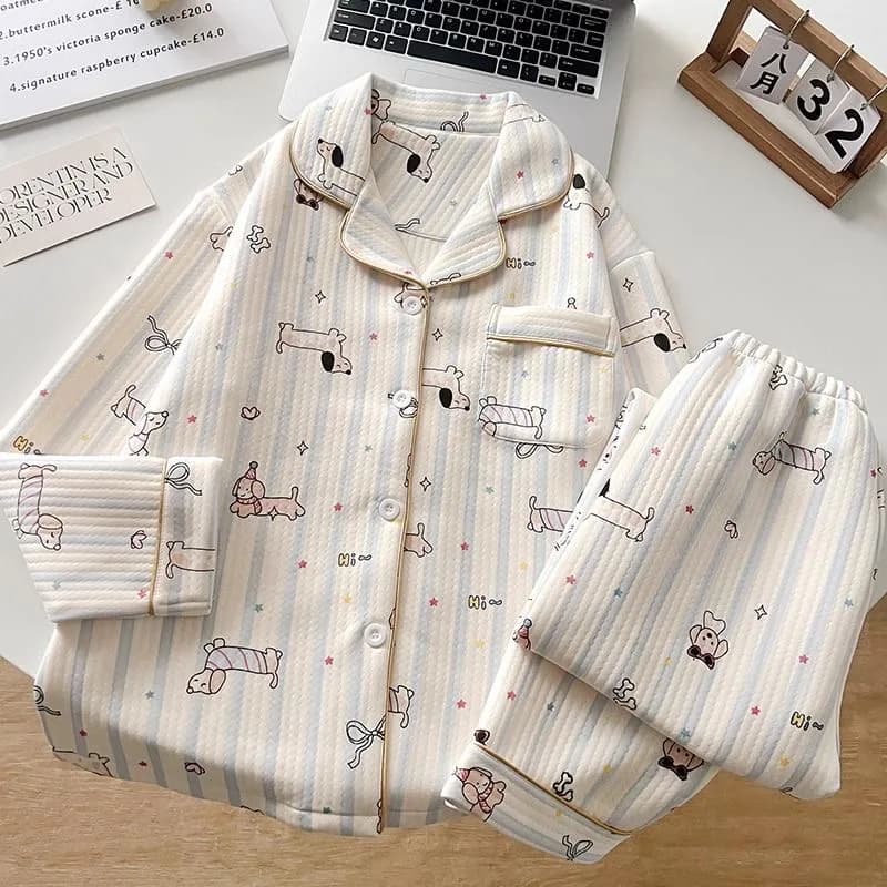 Pigiama da notte Kawaii per cani a righe da donna pigiama in cotone lavorato a maglia trapuntato set indumenti da notte caldi e spessi morbidi maniche lunghe con bottoni per la casa