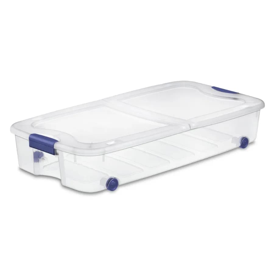 66 Quart Underbed Wheeled Storage Bin with Secure Latching Lid, Clear Plastic Container for Bedroom Closet Organization, Blue