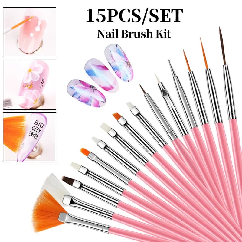 LINMANDA Set di 15 pennelli rosa per nail art, pennelli per pittura per unghie, strumenti per salone di bellezza, adatti per uso domestico e per saloni di bellezza