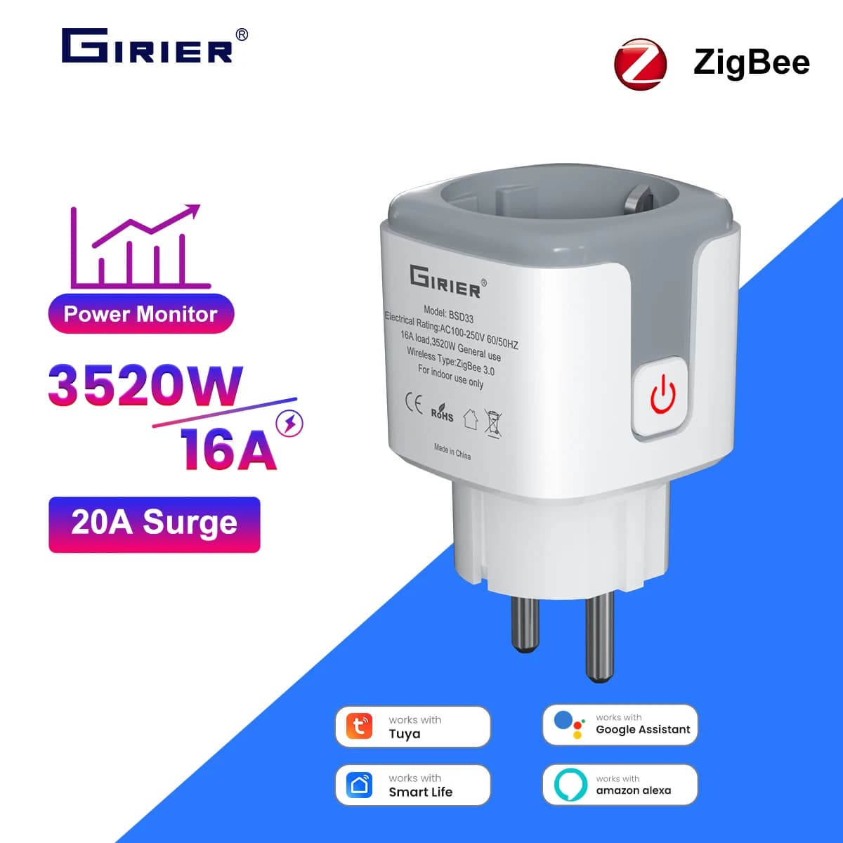 Intelligent GIRIER Tuya ZigBee 16A with Energy Measurement 3520W, Supports Remote Timing Function via App, Compatible with Alexa and Google Home