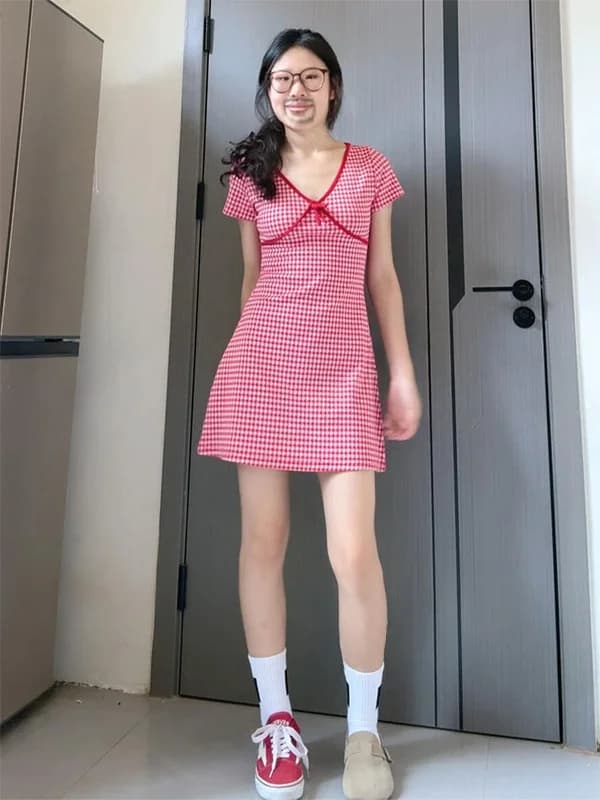 Summer New Style Women's Plaid Short Sleeve Dress Knot High Waist Slimming Red Short Skirt French Style A-Line Dress