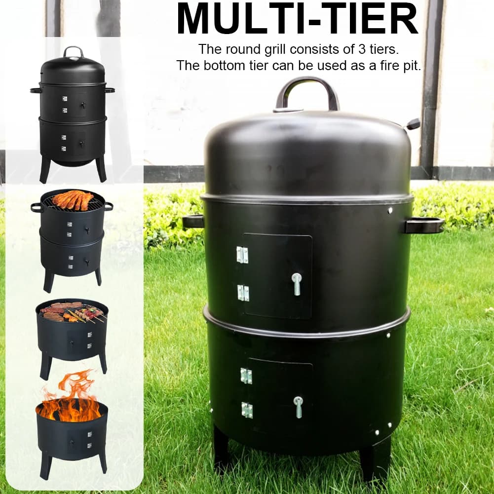 Vertical carbon smoker with integrated thermometer, BBQ grill with fan and 2 access doors for Open kitchen and camping
