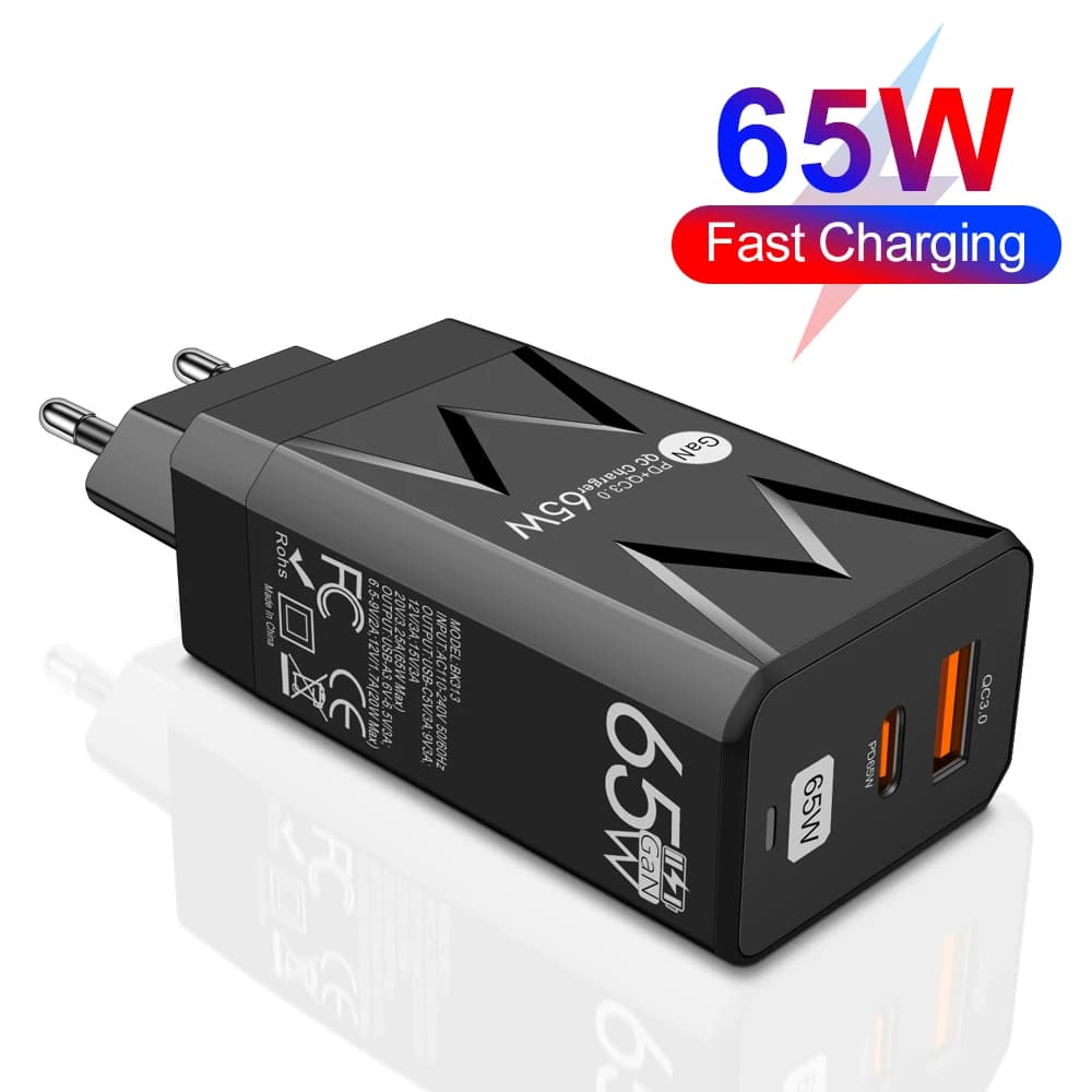 Caricatore universale per telefono da 65W PD con ricarica rapida USB-C, adattatore da parete USB EU UK US per iPhone Xiaomi HUAWEI Samsung, caricatore rapido.