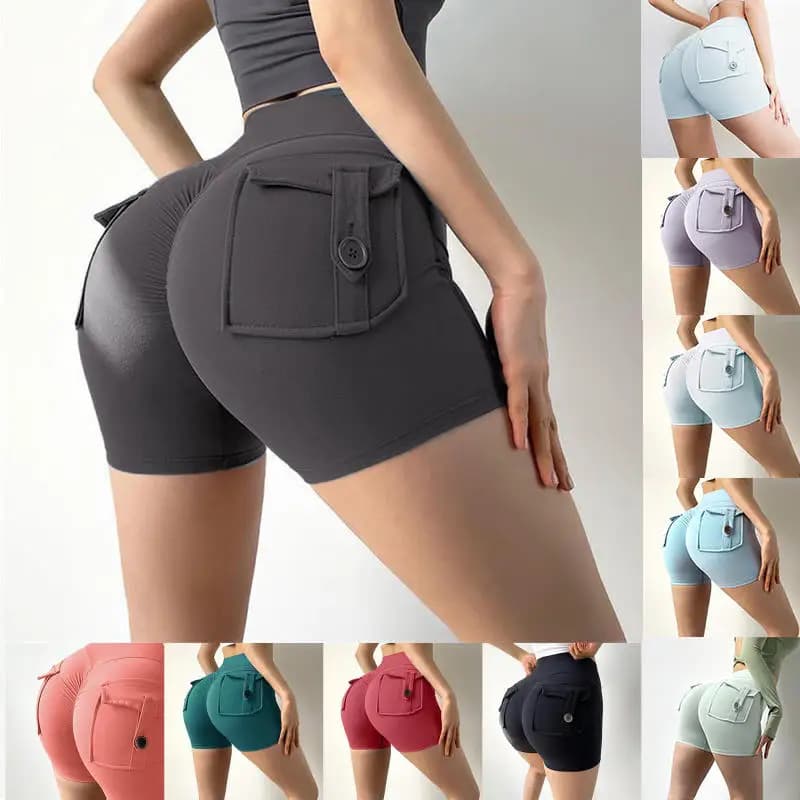 Pantaloncini da ciclismo a vita alta push-up con effetto scrunch e tasche per donna, ideali per allenamento in palestra