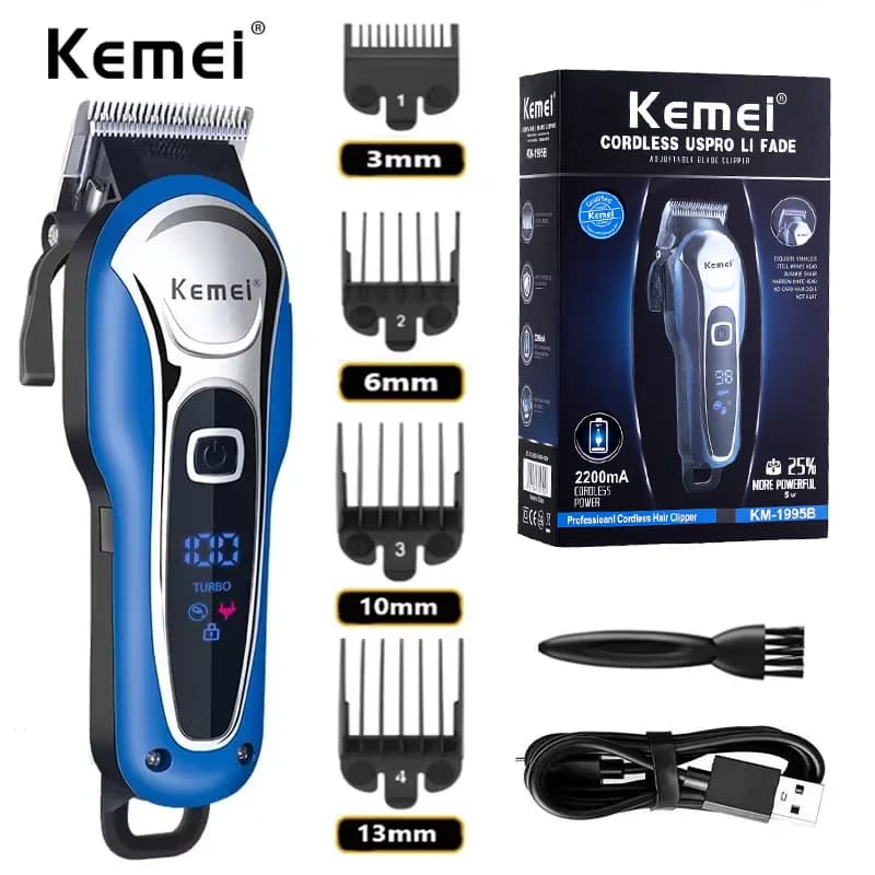 Kemei KM-1995 Professional Haircut for Men, Electric Trimmer for Barba, Wireless Hair Cutting Machine and Cable